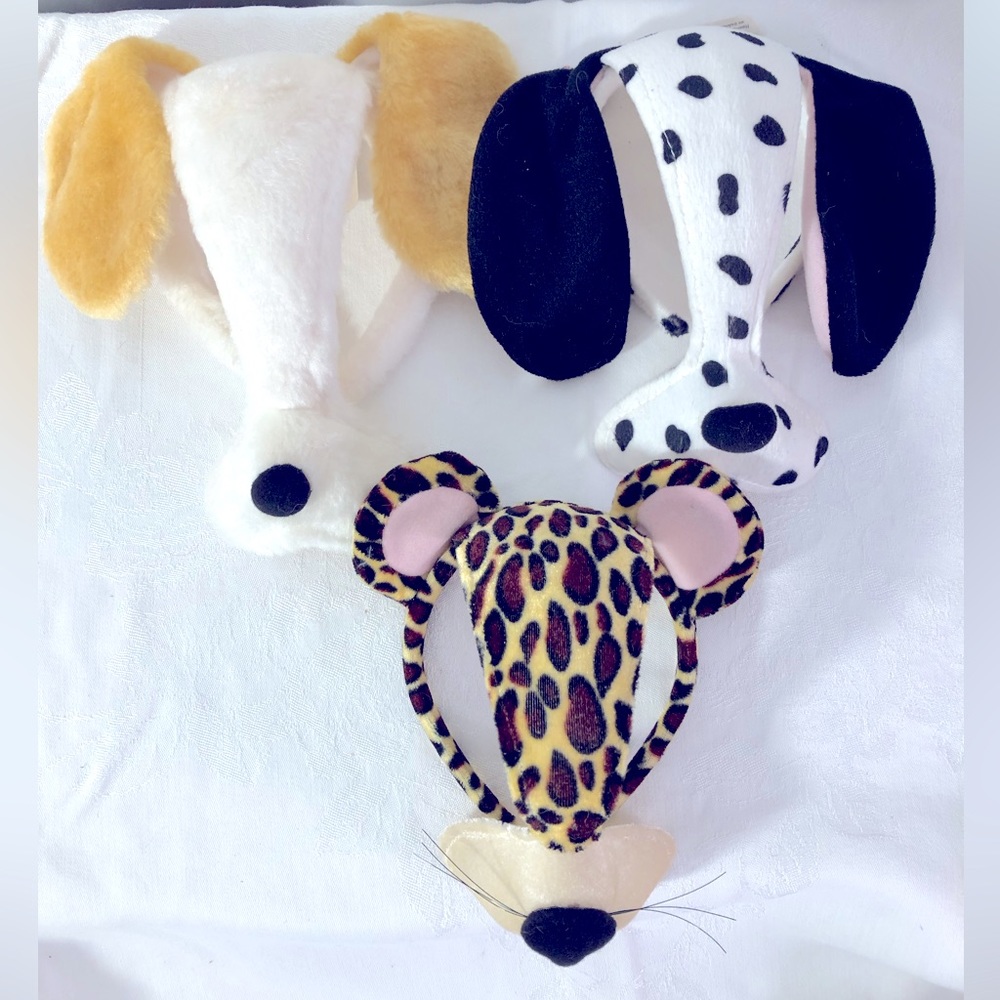 3 Animal Masks w Ears. Cute! Fuzzy!Furry! Leopard, Dalmatian & Tan/White Dog.